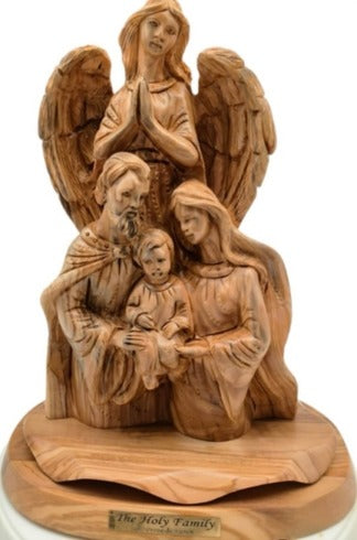 "Embrace the Sacred Harmony: Hand-Carved Olive Wood Holy Family with Angel"