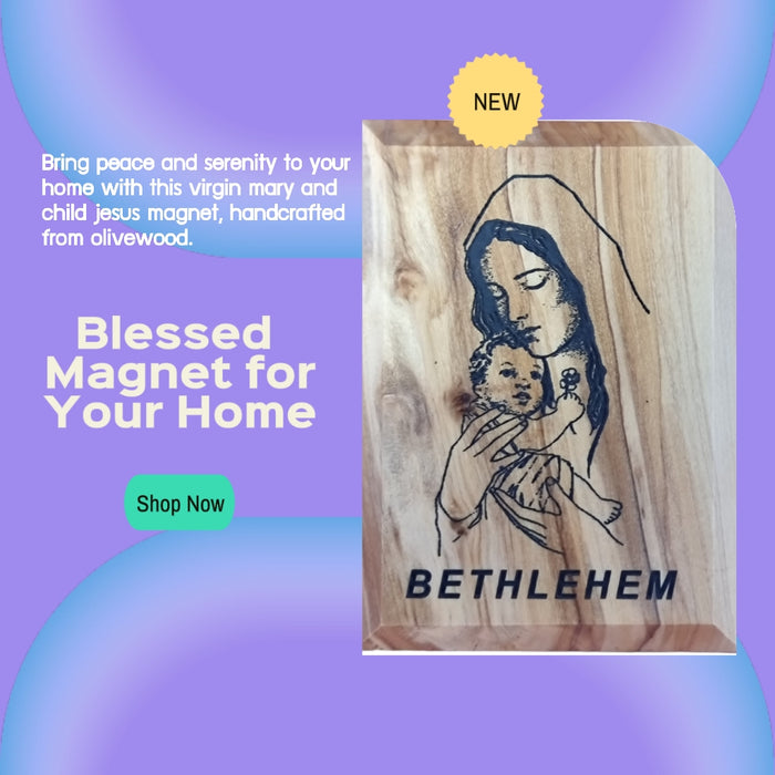 Magneta artistica di Betlehem Olivewood con Vergine Maria e Gesù per bambini