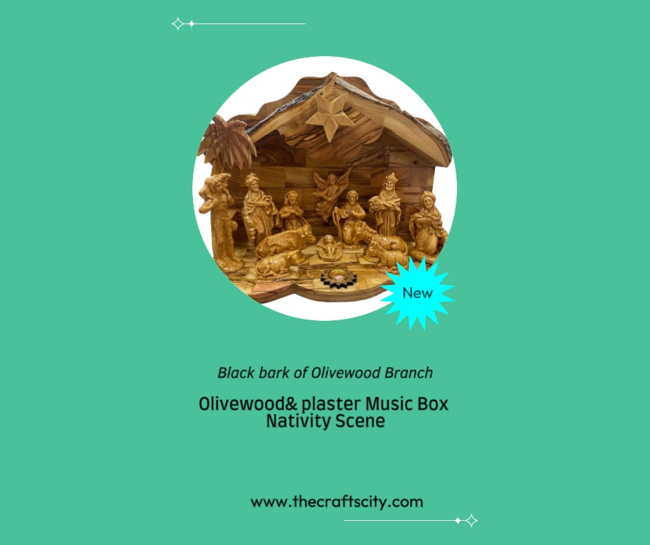Musical Olivewood Nativity Set with Natural Olive Branch Roof