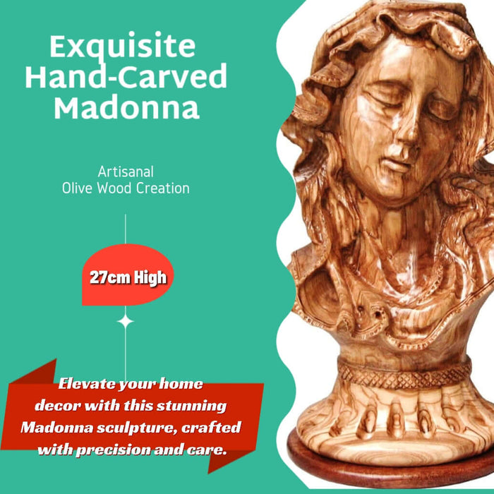 Bellezza serena: busto di madonna in legno di oliva intagliato a mano - Dettagli squisiti