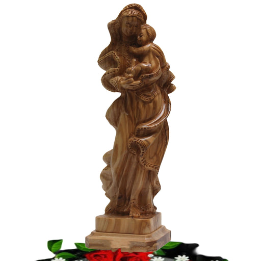 26 cm Statue in legno di oliva intagliato a mano della Vergine Maria che tiene il bambino Gesù tra le braccia
