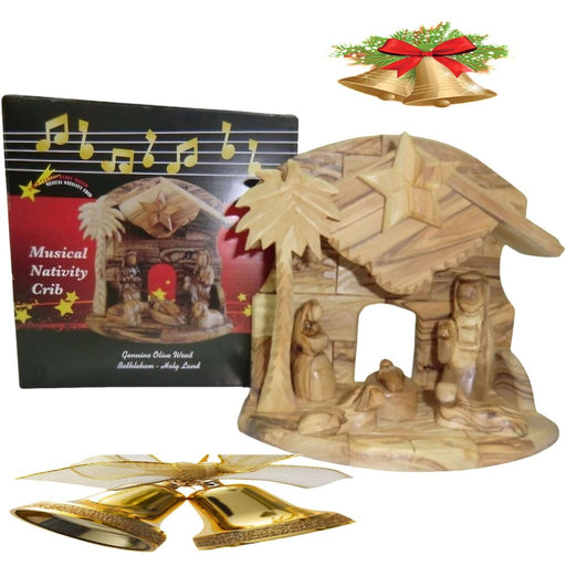 Abstract Handmade Olive Wood Nativity Scene with Holy Family Crib Carving and Musical Feature