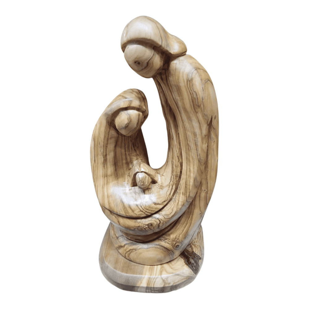 An Abstract Olive Wood Handicraft of the Holy Family showing joseph, mary, and baby jesus