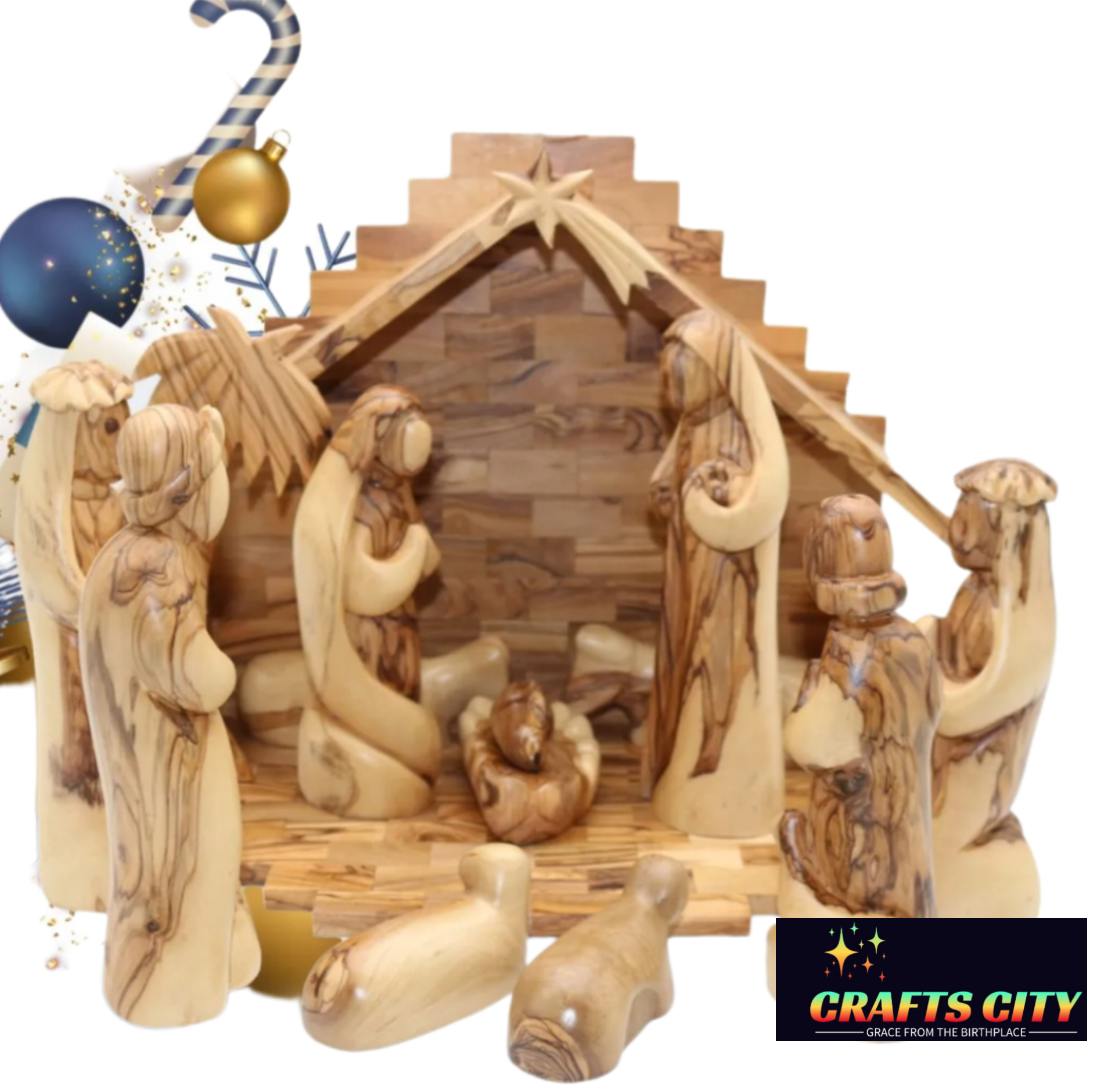 "Timeless Beauty: Handmade Olive Wood Christmas Nativity Scene with Elegant Minimalist Figures"