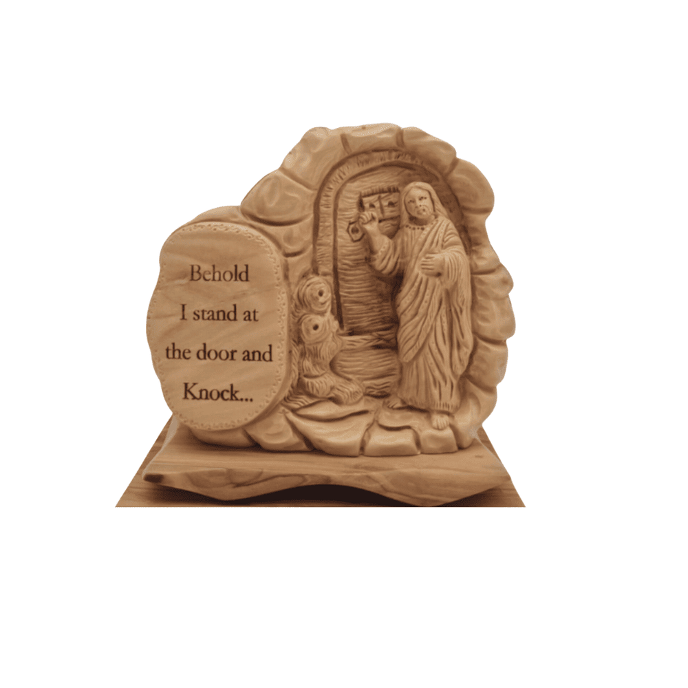  hand-carved olive wood statue depicting a poignant moment from the biblical verse, "Behold, I stand at the door and knock" (Revelation 3:20). 