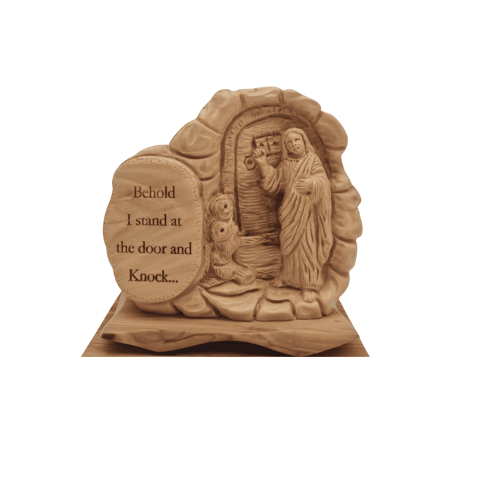  hand-carved olive wood statue depicting a poignant moment from the biblical verse, "Behold, I stand at the door and knock" (Revelation 3:20). 
