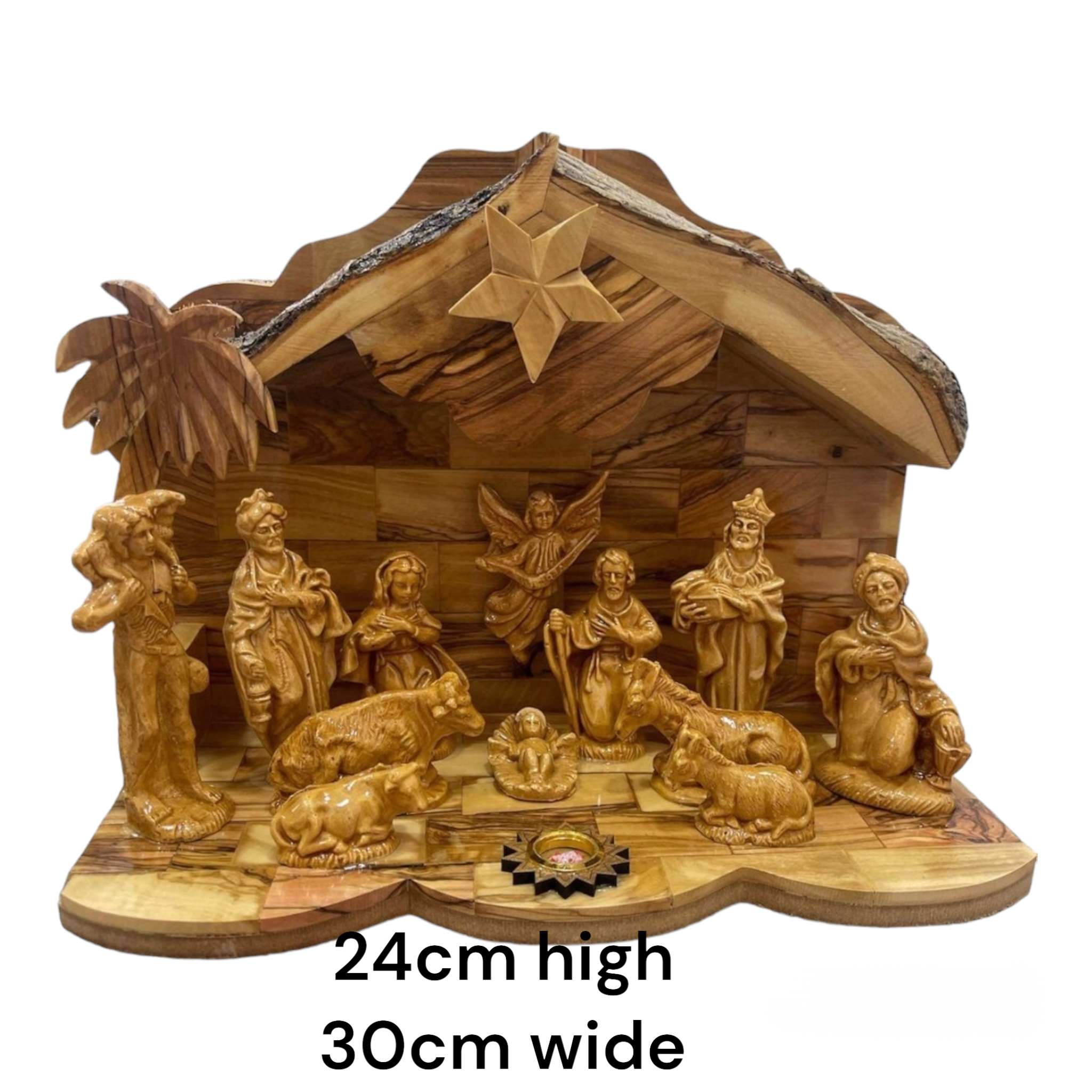 Musical Olivewood Nativity Set with Natural Olive Branch Roof
