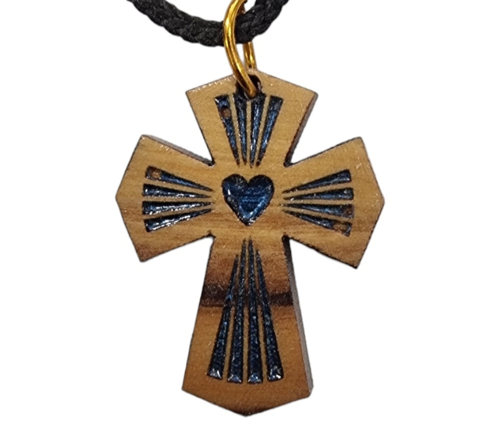 Heart Centered Olive Wood Cross Necklace  with Resin Embellishments