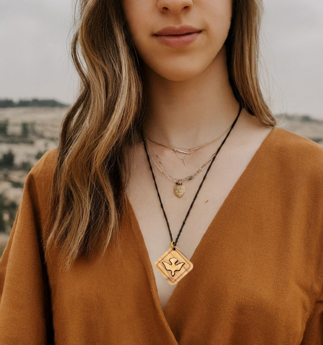 3D Olive wood ‘Holy Spirit Dove’ rhombus shape necklace from the Holy Land.