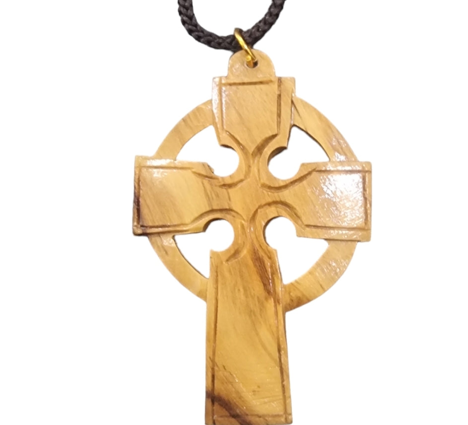 Handcrafted Olive Wood Celtic Cross Four-Leaf Clover Necklace: A Lucky Charm Amulet for Her