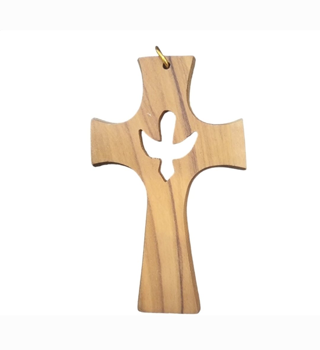 Handcrafted Olive Wood Holy Spirit and Dove Cross Pendant