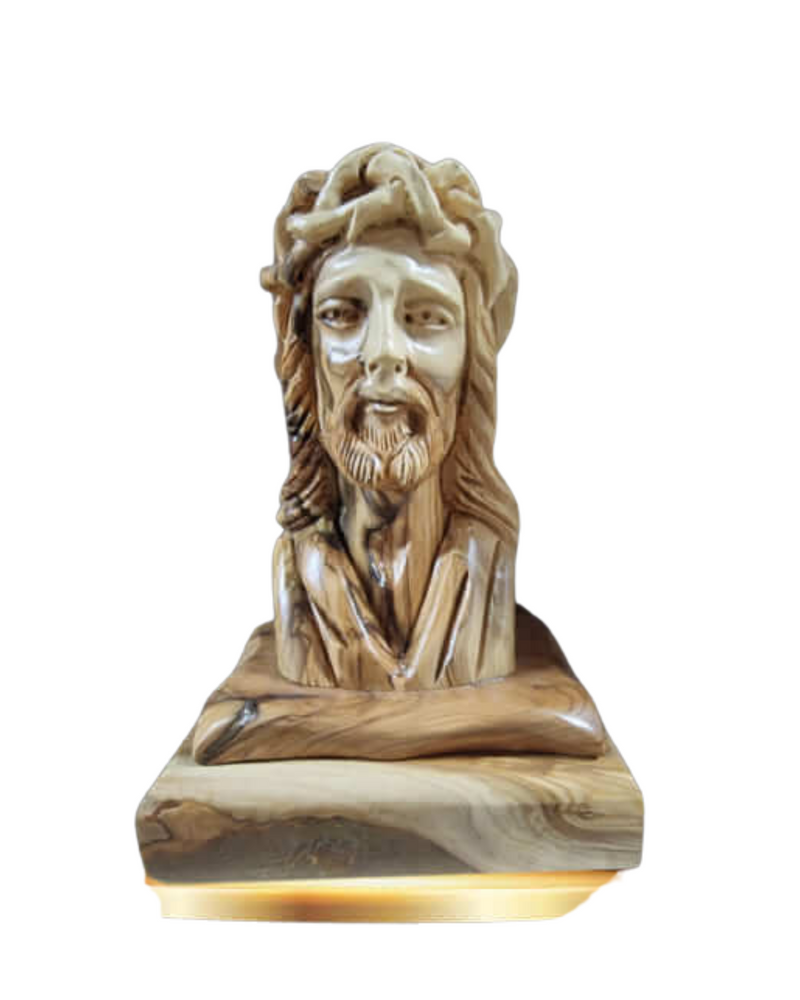 Busto di legno di oliva intagliato a mano con la corona di spine sulla sua testa