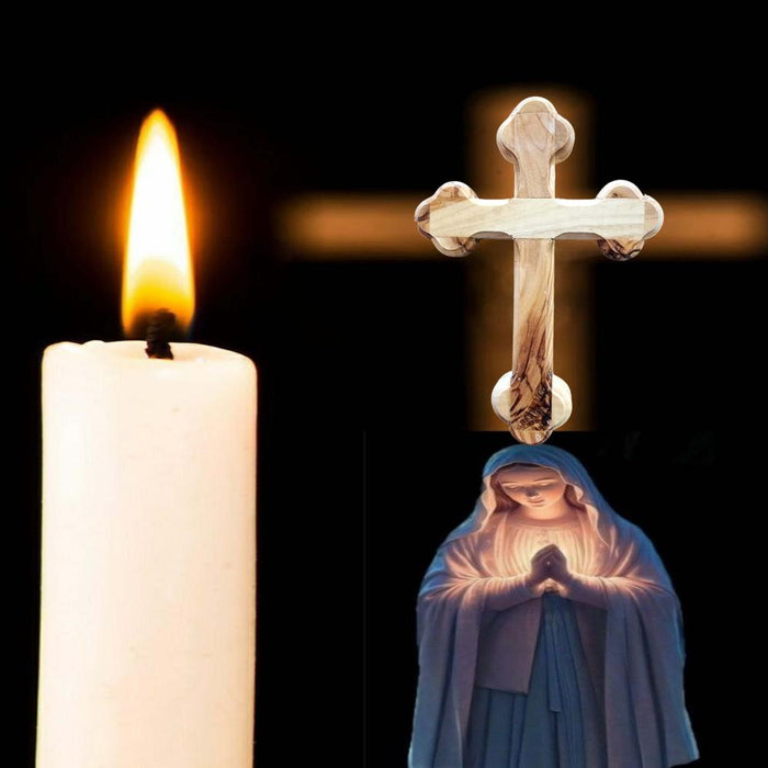 virgin mary, a candel and olive wood wooden wall cross from bethlehem