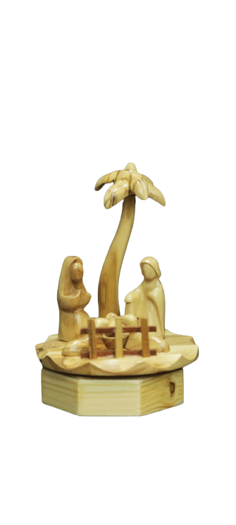 "Elegant faceless Olive Wood Nativity Set with Rotating Feature and Musical Spinning Box"
