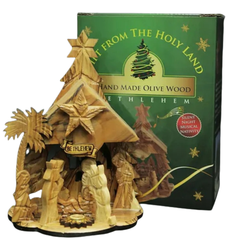 "Hand Carved Olive Wood Nativity Set with Music Box and Gift Box"