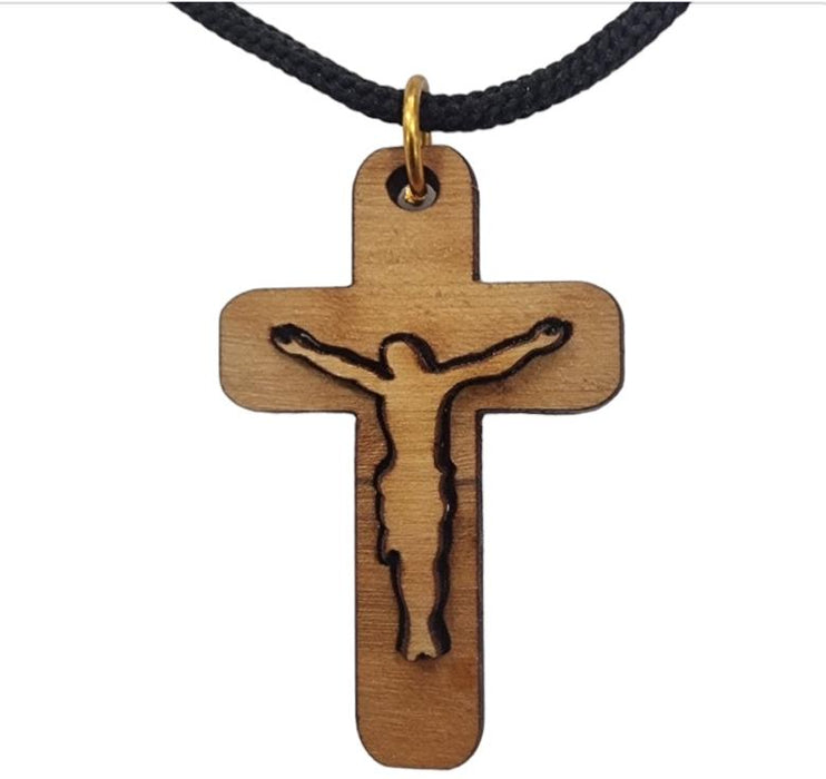 Olive Wood Crucifix Pendant with Black Cord in shape of wooden cross necklace